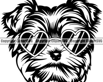 May include: Black and white illustration of a Yorkshire Terrier wearing heart-shaped sunglasses.