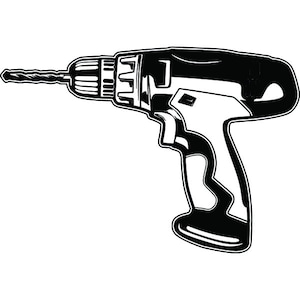 以下が含まれることがあります： ドリルビットが付いたコードレスドリルを白黒で描いたイラストです。