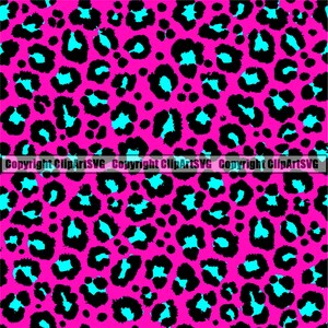 May include: A seamless pattern featuring a pink background with black leopard spots outlined in turquoise.