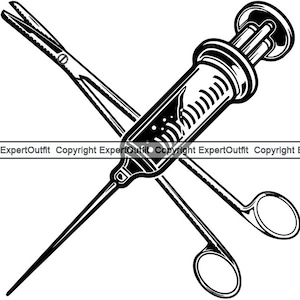 May include: Black and white illustration of a syringe and surgical scissors crossed over each other.