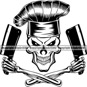 Cráneo Chef Cocinero Carnicero Cuchillo Parrilla Cocina Comida Cocina Parrilla BBQ Carne Hornear Panadero Silueta Diseño Logotipo SVG PNG Clipart Vector Cut