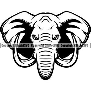 May include: Black and white illustration of an elephant's head with a fierce expression. The elephant's tusks are visible, and its trunk is curled up.