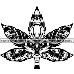 Könnte beinhalten: Schwarz-weiß-Illustration eines Marihuanablattes mit Schädeln an jeder Spitze des Blattes. Die Mitte des Blattes ist ein Schädel mit großen Augen.