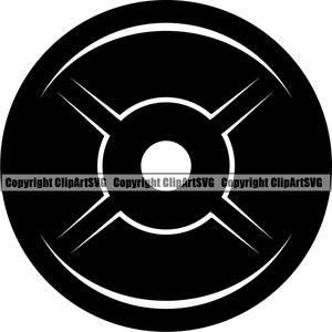 May include: Black and white silhouette of a weight plate with a center hole. The plate has a raised rim and four spokes radiating from the center hole.