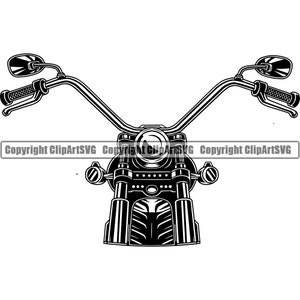 May include: Black and white illustration of the front end of a motorcycle. The handlebars are extended out to the sides with mirrors on the ends. The headlight is visible in the center.