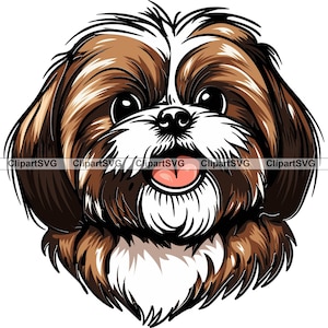 Shih Tzu Souriant Chien Mignon Chiot Tête Canine Pet Lhassa Apso Maltais Race Patte Animal Amour Portrait Dessin Art Logo Tatouage Conception SVG PNG Coupe