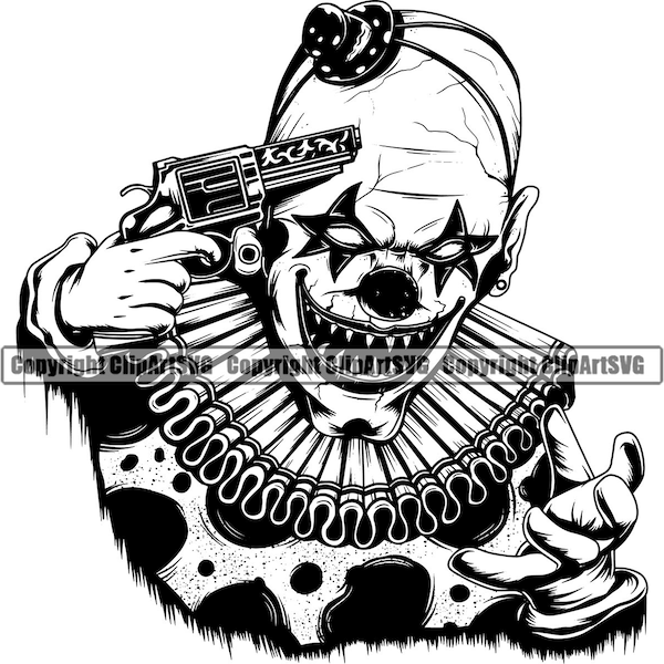 Scary Clown Gun Suicide Evil Circus Cool Death Kill Killer Tattoo Fear Scared Face Head Horror Art Logo SVG PNG Clipart Vector Cut Cutting