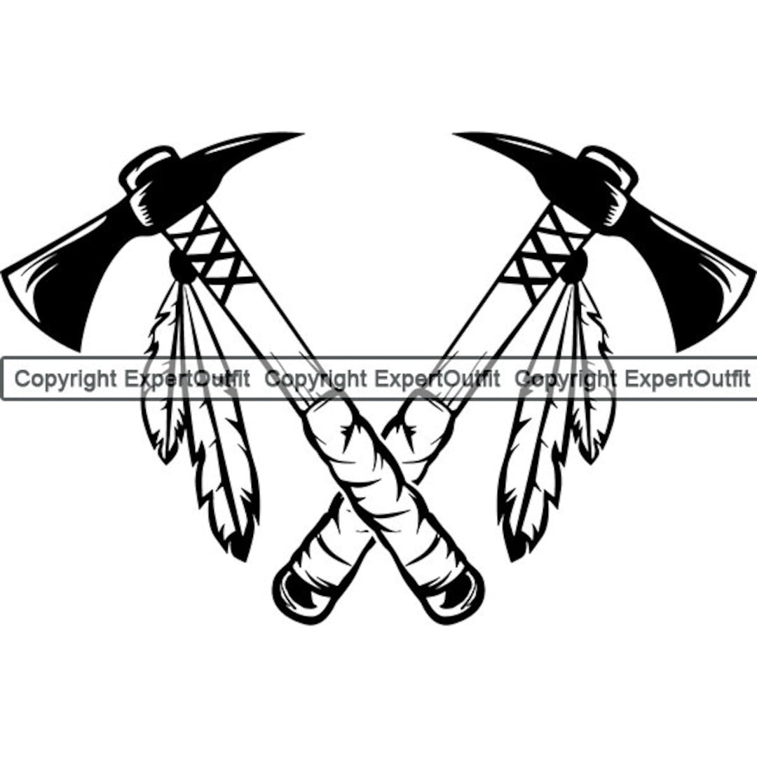 Ethnic Indian Axe Crossed Weapon Blade Hatchet Feather Weapon Native ...