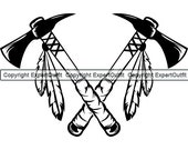 Ethnic Indian Axe Crossed Weapon Blade Hatchet Feather Weapon Native American Design Element Logo.SVG .PNG Clipart Vector Cricut Cut Cutting