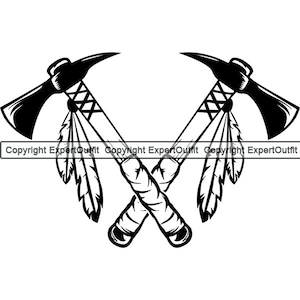 May include: Two black tomahawks with feathers crossed over each other.