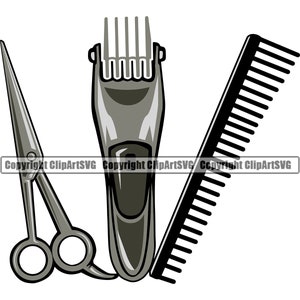 May include: A set of hairdressing tools including a pair of silver scissors, a black comb, and a silver electric hair clipper.