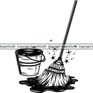 May include: A black and white illustration of a broom and bucket. The broom is sweeping up a puddle of water, and there are stars around the broom to represent cleanliness.