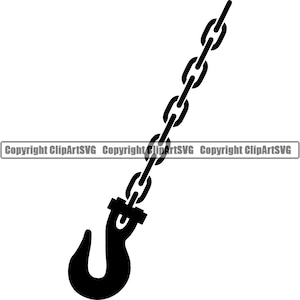 May include: Black and white silhouette of a hook with a chain attached. The hook is at the bottom of the image and the chain extends upwards.
