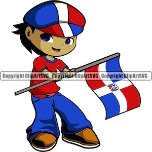 May include: A cartoon illustration of a person wearing a red, white, and blue baseball cap and holding a Dominican Republic flag. The person is wearing blue jeans and a red shirt.