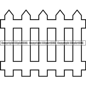 May include: Black and white line drawing of a picket fence with five vertical pickets and pointed tops.