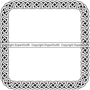 May include: Black and white Celtic knot border design. The design is a square frame with a repeating pattern of interlaced knots.