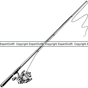 May include: A black and white illustration of a fishing rod with a reel. The line is cast out and the end of the line is curved.