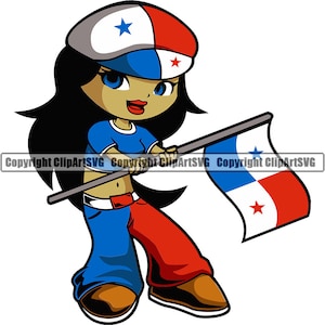 Op de afbeelding: Cartoon illustratie van een persoon die een Panamese vlag vasthoudt. De persoon draagt een blauw shirt, een blauwe en rode broek en een hoed met de kleuren van de Panamese vlag. De vlag heeft een blauwe ster en een rode ster.