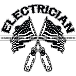 May include: Black and white illustration of two crossed screwdrivers with American flags behind them. The text "ELECTRICIAN" is written in a bold, stylized font around the screwdrivers and flags.