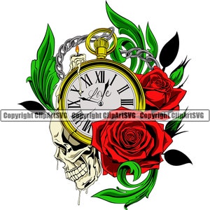 Könnte beinhalten: Eine goldene Taschenuhr mit römischen Ziffern und dem Wort "Love" auf dem Zifferblatt, umgeben von roten Rosen und grünen Blättern.