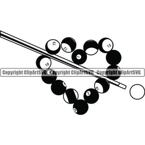 May include: Black and white illustration of a pool cue and billiard balls arranged in the shape of a heart. The balls are numbered 1, 2, 3, 10, 12, 13, 14, and 15.