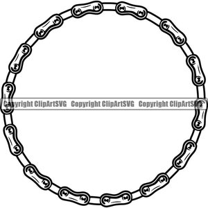 May include: Black and white illustration of a bicycle chain forming a circle.
