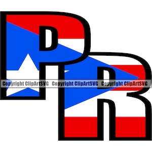 以下が含まれることがあります： 黒色のアウトラインフォントで「PR」の文字をグラフィックデザインしたものです。文字はプエルトリコの国旗の色である赤、白、青で塗りつぶされています。「P」には青い部分に白い星があります。文字の下にはCopyright ClipArtSVGと書いてあります。