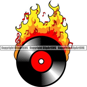 Vinyl Record Hot Hit Album Feu Flamme Musique Notes Night Club Party Platine DJ Disc Jockey Sound Design Art Logo SVG PNG Vector Clipart Cut