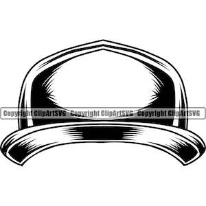 May include: Black and white illustration of a baseball cap with a flat brim. The cap has a simple design with a curved top and a straight brim.