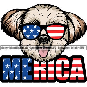 Shih Tzu Hund USA Flagge Sonnenbrille Merica Amerika amerikanische Rasse Welpe Haustier Kunst Silhouette Design Logo SVG PNG Clipart Vektor Cricut geschnitten Datei