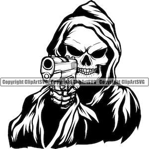 Sensenmann Schädel Skelett Grinsen grinsend Pistole Pistole Pistole Tod Evil Kill Killer Gespenst Tattoo Hölle Art Logo SVG PNG Vektor Clipart Cut