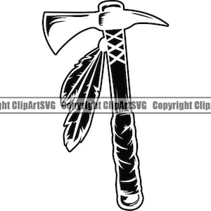 May include: Black and white illustration of a tomahawk with a feather design on the handle.