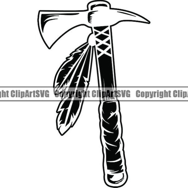 Indian Axe #6 Native American Warrior Tomahawk Hatchet Feather Tribe Tribal Tattoo Logo.SVG .EPS .PNG Clipart Vector Cricut Cut Cutting File