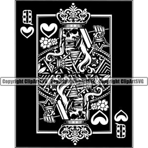 Queen Hearts Skull Skeleton Poker Jugando a las cartas Juego de azar Casino Apuesta Apuestas Juegos de Blackjack SVG PNG Clipart Vector Cricut Corte Corte