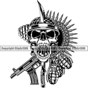 Soldado militar Cráneo Etiqueta de perro Caído Veterinario Héroe de guerra Signo US Veterano Ametralladora Espada Casco Diseño de bala Logotipo SVG PNG Vector Clipart Corte