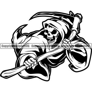 Sensenmann Skelett Schädel Sichel Tod Evil Kill Grim Ghost Knochen Hölle Sport Team Maskottchen Game Art Design Logo SVG PNG Vektor Clipart Cut
