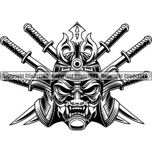 Samurai japanische Hannya Maske Japan Krieger Schlacht Helm Schwert Tattoo Mann Kämpfer Assassin Maskottchen Logo .SVG .PNG Vektor Clipart Schneiden Schneiden