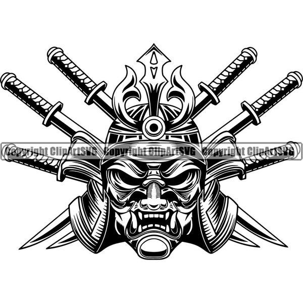 Samurai Japanese Hannya Mask Japan Warrior Battle Helmet Sword Tattoo Man Fighter Assassin Mascot Logo .SVG .PNG Vector Clipart Cutting Cut