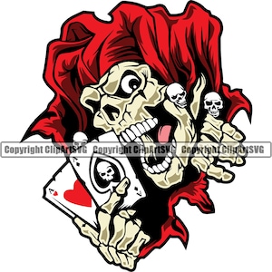 Cráneo Joker Poker Pocket Aces Texas Holdem Jester Muerte Mal Matar Asesino Tatuaje Hueso Jester Arte Diseño Logotipo SVG PNG Clipart Vector Cut File