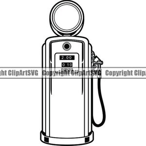 May include: A black and white line drawing of a vintage petrol pump with a price display showing 2.00, 0.10, and 0.20.