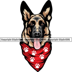 German Shepherd Dog Neck Scarf Bandanna Breed Smiling Happy Paw Puppy Pup Pet Clip Art K-9 Cop Police Logo SVG PNG Clipart Vector Cricut Cut