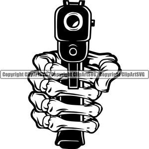 Schedel skelet hand houden pistool pistool automatische greep kwaad Kill Killer Tattoo bot dood Art Design Logo SVG PNG Vector Clipart knippen