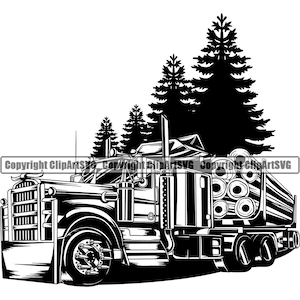 May include: Black and white illustration of a semi-truck hauling logs through a forest. The truck is a classic cabover design with a large grill and a long bed. The logs are stacked high on the bed, and the truck is surrounded by tall pine trees.