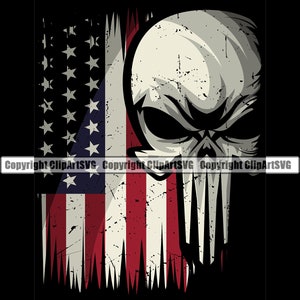 Könnte beinhalten: Ein verwittertes Grafikdesign mit einem Totenkopf-Design, das die amerikanische Flagge überlagert. Der Schädel ist in Grau- und Weißtönen gehalten, mit den Sternen und Streifen der Flagge sichtbar. Der Hintergrund ist schwarz.