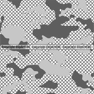 May include: A digital illustration of a camouflage pattern in shades of gray and black. The design features irregular shapes overlaid with a black grid pattern. The words "Copyright CLIPARTSVG" are visible.