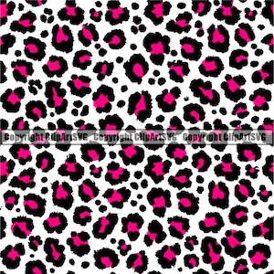May include: A seamless pattern featuring a white background with black and hot pink leopard spots.