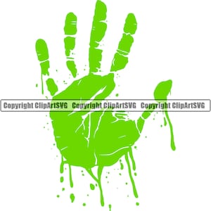 May include: A green handprint with dripping paint, resembling a zombie hand. The handprint is on a white background.