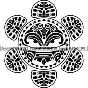 May include: Black and white illustration of a stylized turtle with a tribal design. The turtle's head is a human face with geometric patterns.