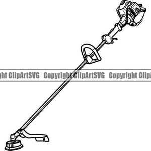 May include: A black and white line drawing of a weed trimmer. The trimmer has a long shaft and a round head with a blade.