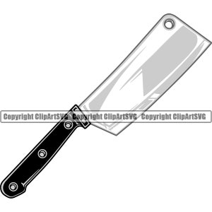 May include: A black-handled cleaver with a silver blade. The blade is slightly curved and has a small hole near the top.